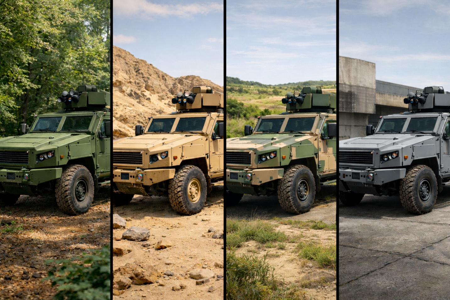 Tactical vehicle blending into forest, desert, mixed terrain, and urban environments