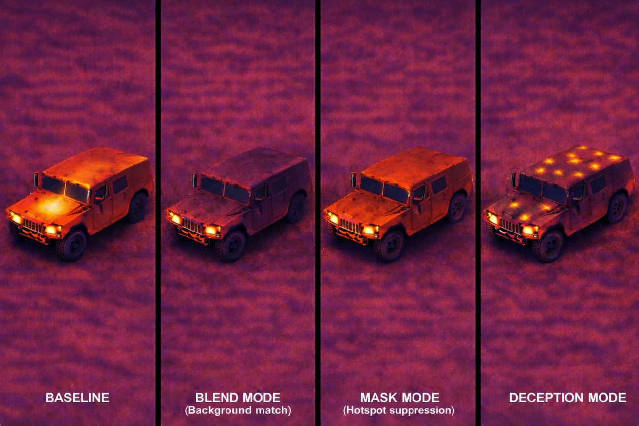 Tactical vehicle in Baseline, Blend, Mask, and Deception thermal modes